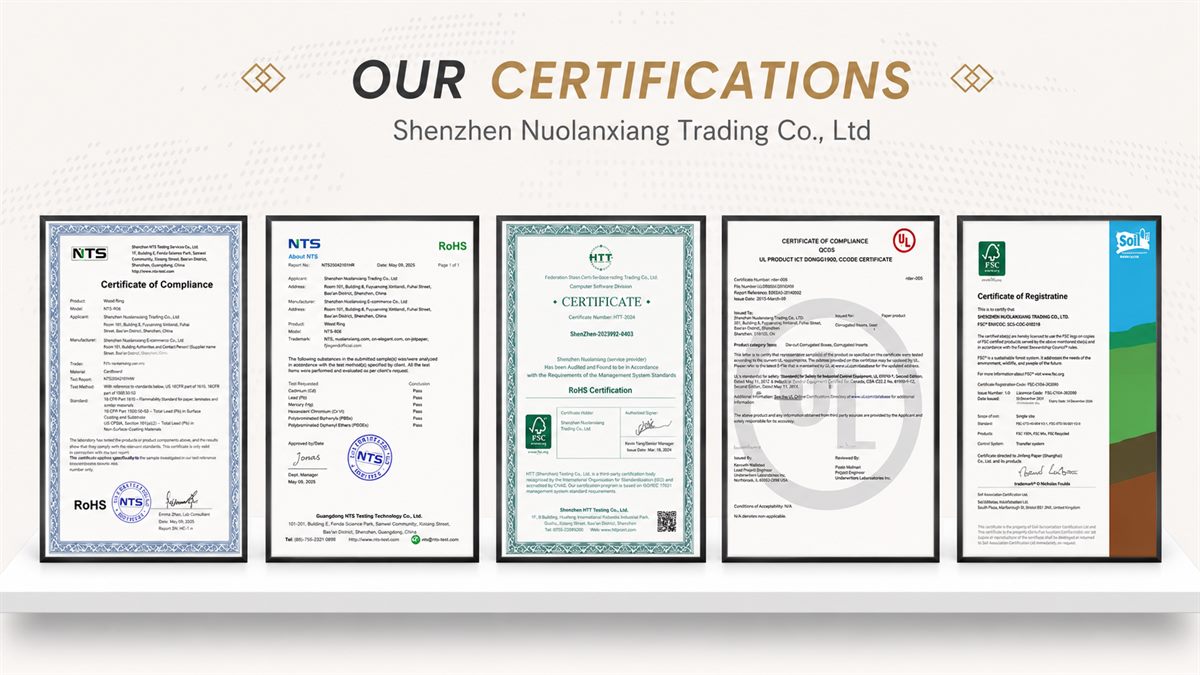 Manufacturing certifications banner: NTS verification and test reports, RoHS, FSC chain-of-custody, UL authorization, and related registration documents