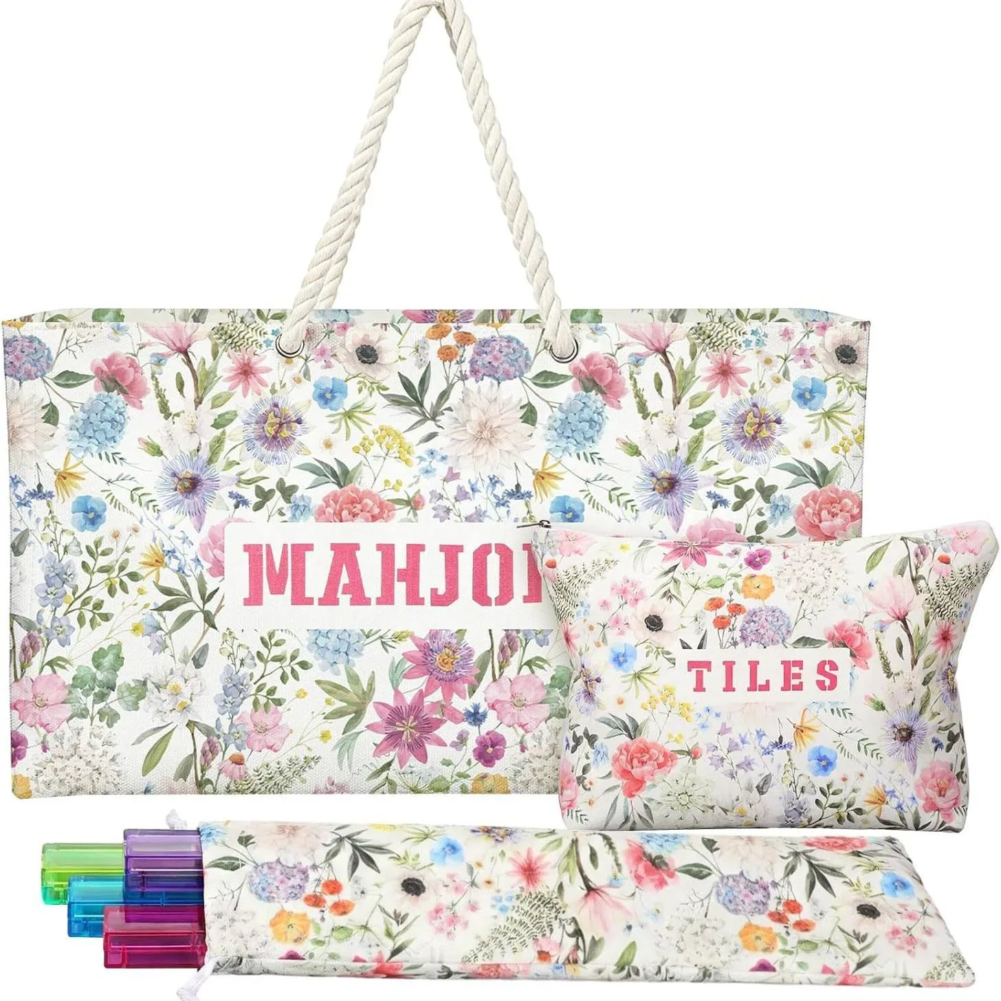 Floral Mahjong tote and pouch set