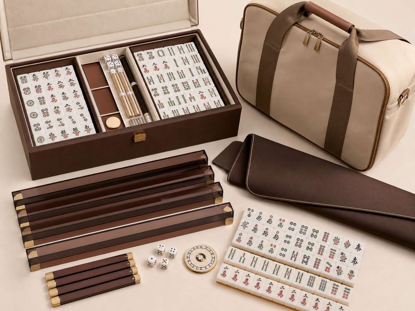 Complete custom American Mahjong collection with tiles racks pushers mat dice carrying bag and retail gift box