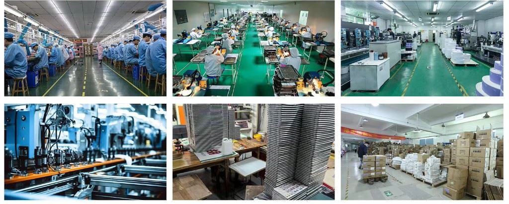 Shenzhen facility collage: assembly lines, finishing and QC stations, mahjong tile stacks, production machinery, and warehouse shipping
