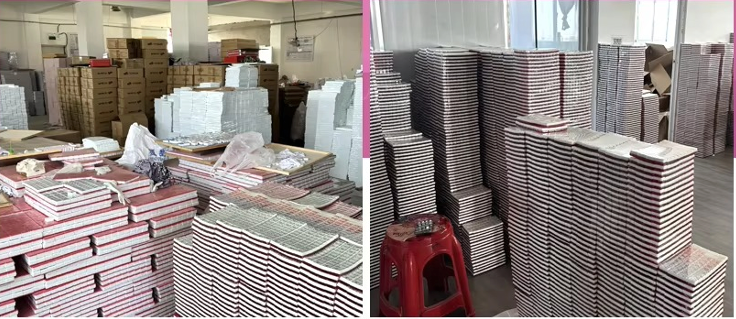 Warehouse floor with tall stacks of Mahjong sets in production and export-ready cartons