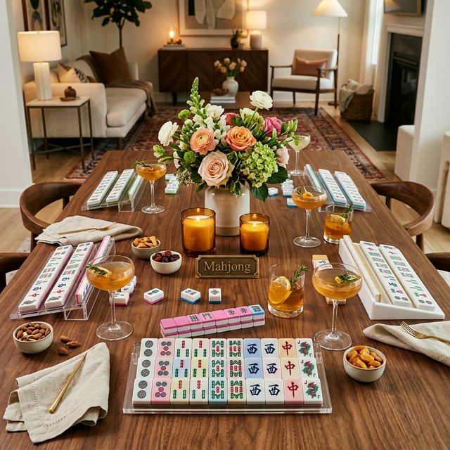 Elegant American Mahjong game night setup with cocktails and flowers