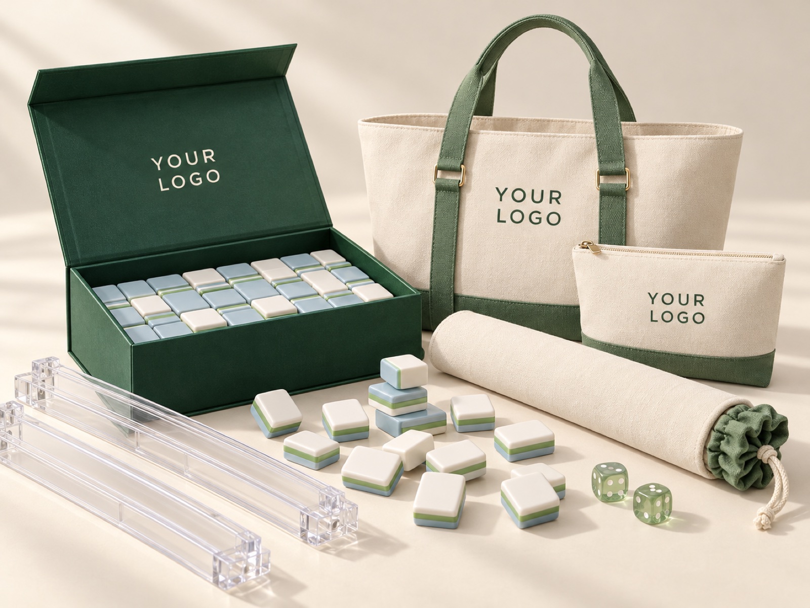 Blank Mahjong tiles and coordinated accessories with YOUR LOGO — customization concept