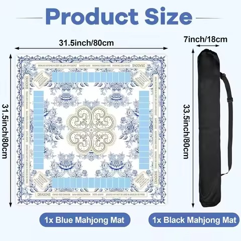 blue and white Mahjong table mat product size chart with black carrying bag