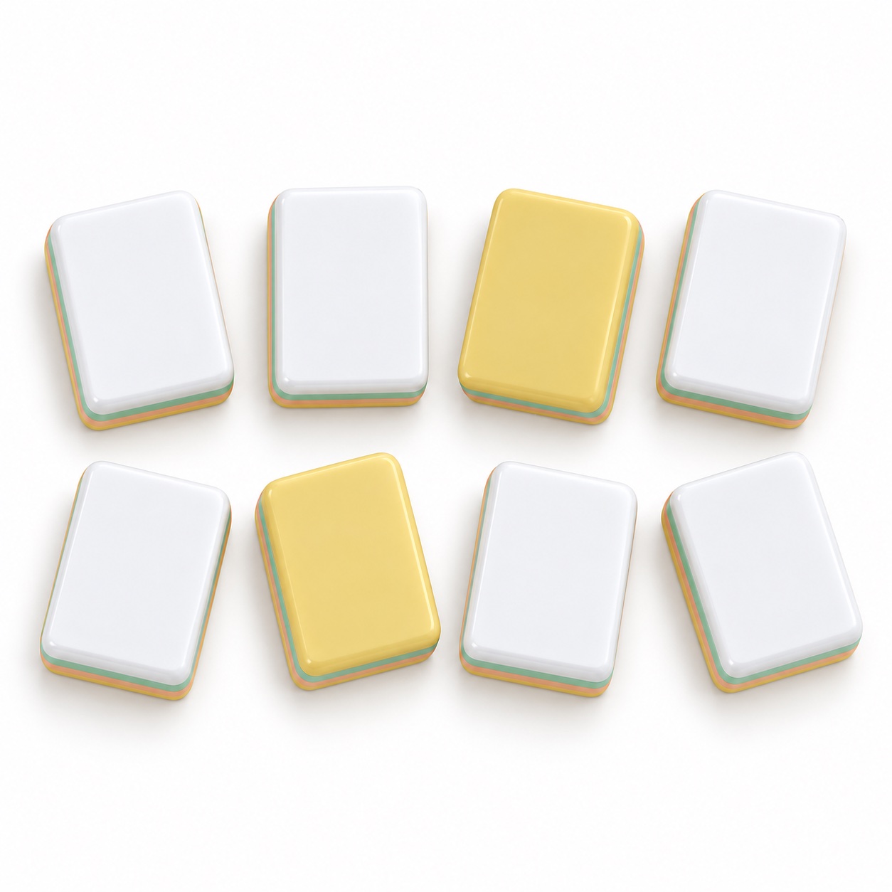 Yellow and mint layered acrylic Mahjong tiles arranged in groups