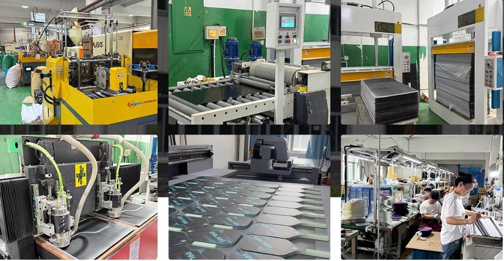 Factory operations collage: material processing, presses, flatbed production, and assembly workstations